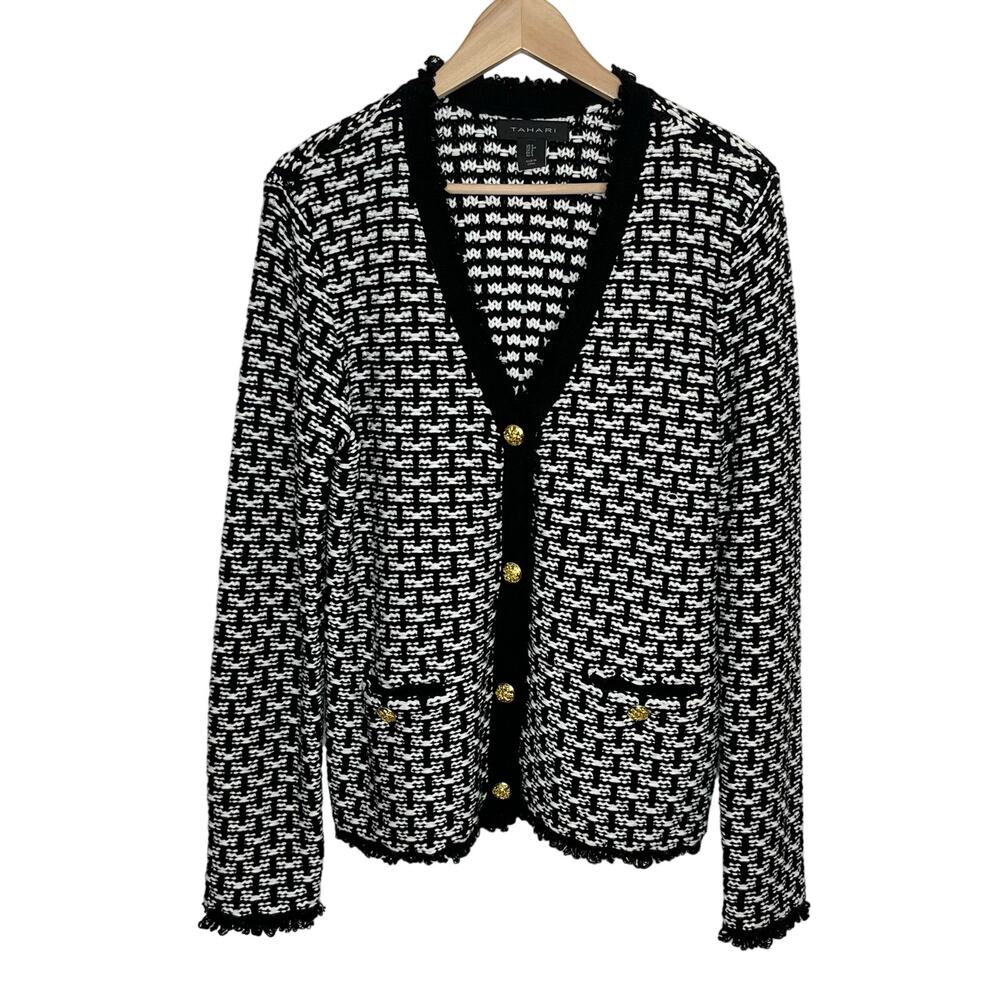 Tahari Womens Chunky Knit Cardigan Sweater Small Black White Pockets Preppy